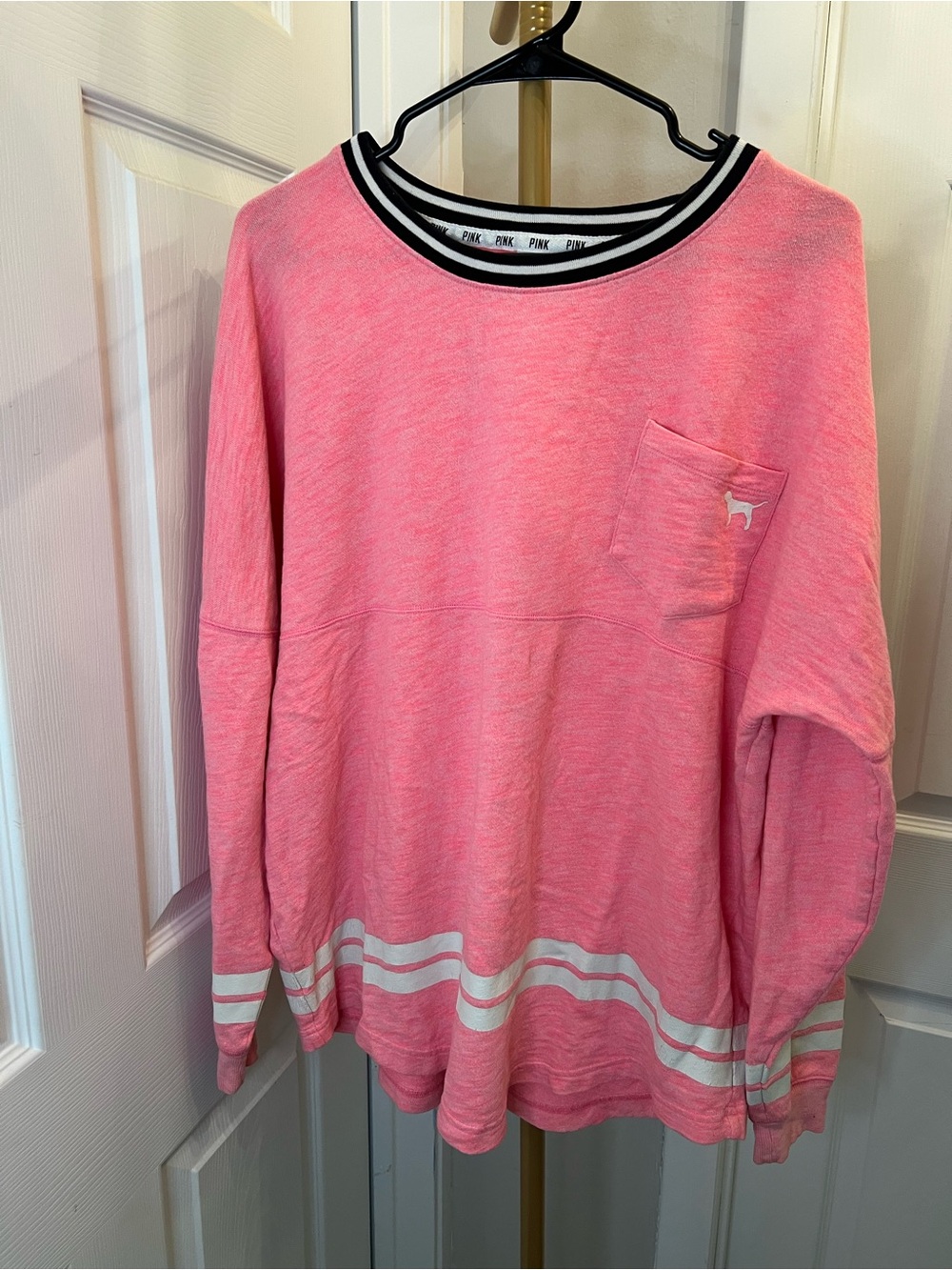 PINK Victoria's Secret Coral Pink Striped Hem Crewneck Sweatshirt